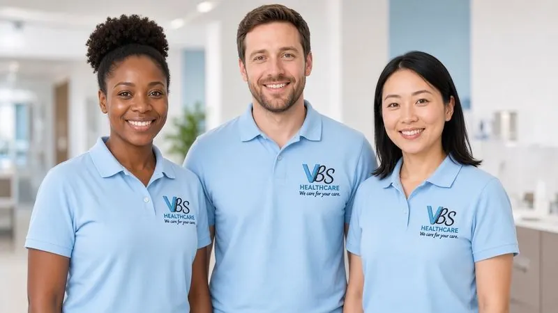 Three care staff in light-blue VBS-Healthcare polo shirts, smiling together