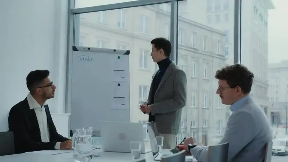 Illustrative stock footage of a business training discussion. Not Virtuous staff.